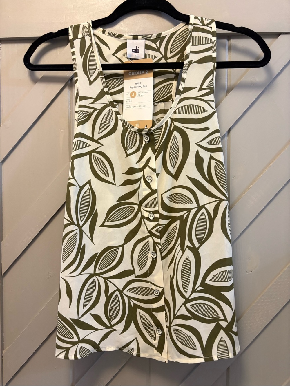 CAbi Sightseeing Top: Green and Cream Leaf-Print Button Tank